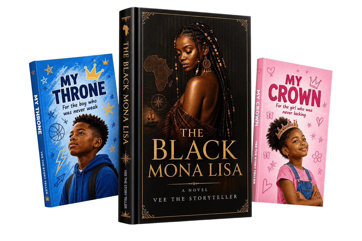 The Vee The Storyteller book collection featuring The Black Mona Lisa, My Throne, and My Crown
